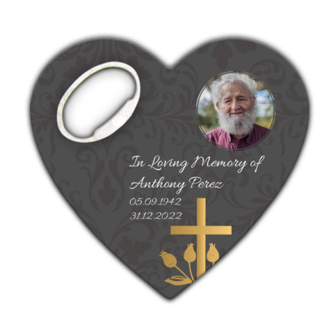 Gold Cross, Tulip Flower and Photo on Dark Gray for Funeral